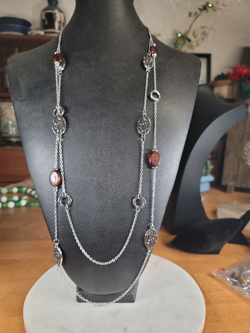 paparazzi Silver Long Layered Necklace with Brown Beads